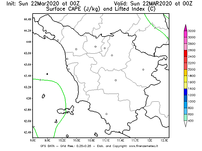 Mappa di analisi GFS - CAPE [J/kg] e Lifted Index [°C] in Toscana
							del 22/03/2020 00 <!--googleoff: index-->UTC<!--googleon: index-->