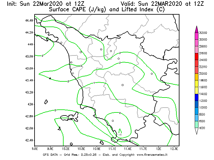 Mappa di analisi GFS - CAPE [J/kg] e Lifted Index [°C] in Toscana
							del 22/03/2020 12 <!--googleoff: index-->UTC<!--googleon: index-->