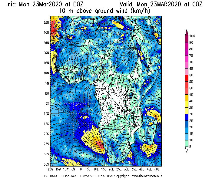 Mappa di analisi GFS - Velocità del vento a 10 metri dal suolo [km/h] in Africa
							del 23/03/2020 00 <!--googleoff: index-->UTC<!--googleon: index-->