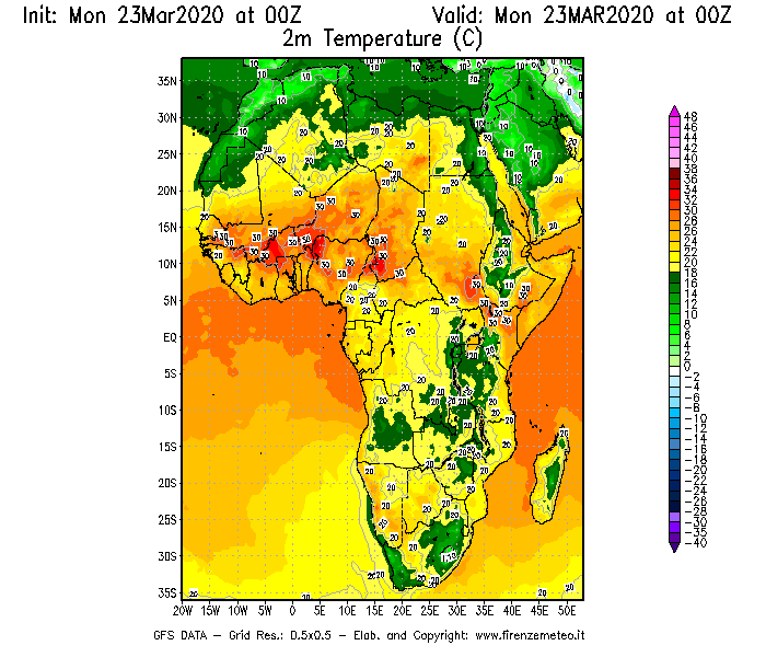 Mappa di analisi GFS - Temperatura a 2 metri dal suolo [°C] in Africa
							del 23/03/2020 00 <!--googleoff: index-->UTC<!--googleon: index-->