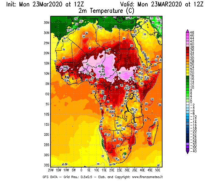 Mappa di analisi GFS - Temperatura a 2 metri dal suolo [°C] in Africa
							del 23/03/2020 12 <!--googleoff: index-->UTC<!--googleon: index-->