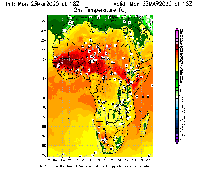 Mappa di analisi GFS - Temperatura a 2 metri dal suolo [°C] in Africa
							del 23/03/2020 18 <!--googleoff: index-->UTC<!--googleon: index-->
