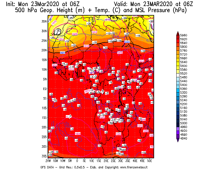 Mappa di analisi GFS - Geopotenziale [m] + Temp. [°C] a 500 hPa + Press. a livello del mare [hPa] in Africa
							del 23/03/2020 06 <!--googleoff: index-->UTC<!--googleon: index-->