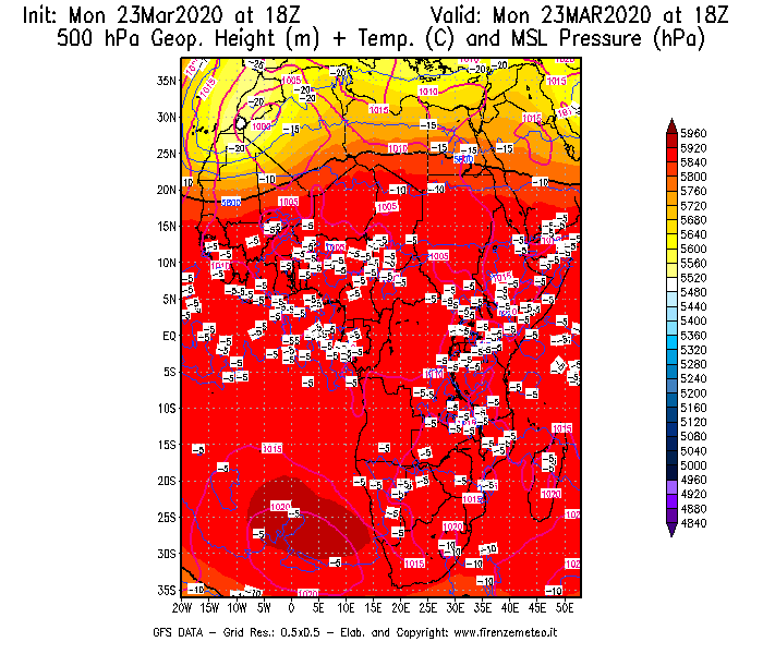 Mappa di analisi GFS - Geopotenziale [m] + Temp. [°C] a 500 hPa + Press. a livello del mare [hPa] in Africa
							del 23/03/2020 18 <!--googleoff: index-->UTC<!--googleon: index-->