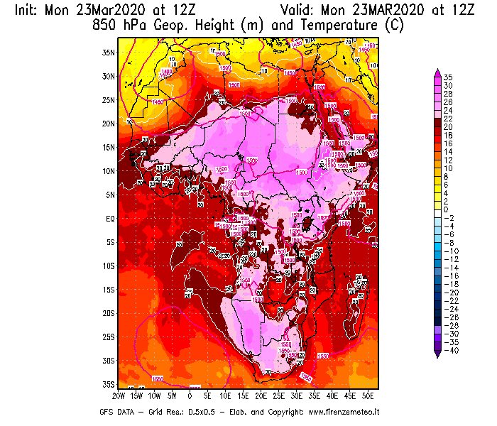 Mappa di analisi GFS - Geopotenziale [m] e Temperatura [°C] a 850 hPa in Africa
							del 23/03/2020 12 <!--googleoff: index-->UTC<!--googleon: index-->