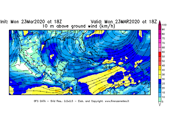 Mappa di analisi GFS - Velocità del vento a 10 metri dal suolo [km/h] in Centro-America
							del 23/03/2020 18 <!--googleoff: index-->UTC<!--googleon: index-->
