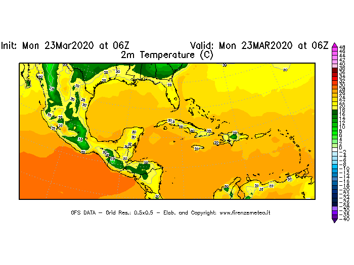 Mappa di analisi GFS - Temperatura a 2 metri dal suolo [°C] in Centro-America
							del 23/03/2020 06 <!--googleoff: index-->UTC<!--googleon: index-->