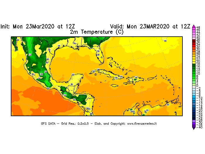 Mappa di analisi GFS - Temperatura a 2 metri dal suolo [°C] in Centro-America
							del 23/03/2020 12 <!--googleoff: index-->UTC<!--googleon: index-->