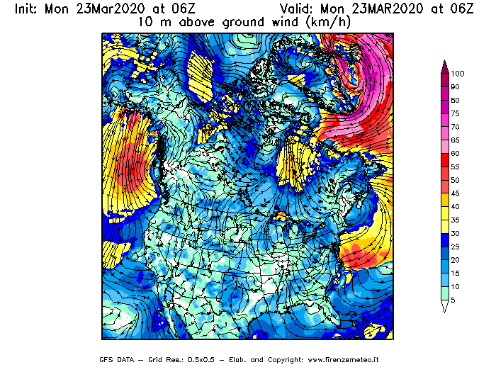 Mappa di analisi GFS - Velocità del vento a 10 metri dal suolo [km/h] in Nord-America
							del 23/03/2020 06 <!--googleoff: index-->UTC<!--googleon: index-->
