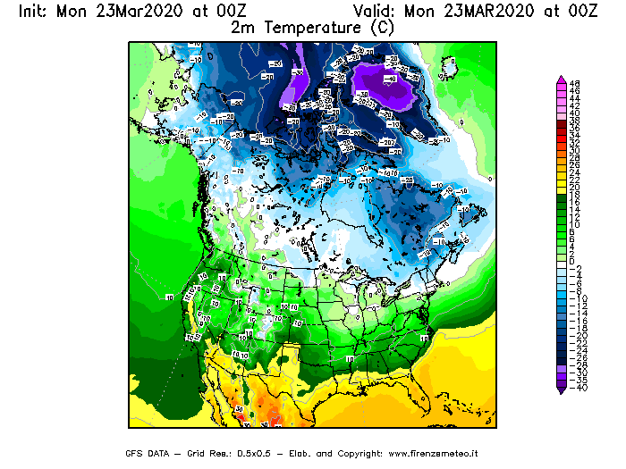 Mappa di analisi GFS - Temperatura a 2 metri dal suolo [°C] in Nord-America
							del 23/03/2020 00 <!--googleoff: index-->UTC<!--googleon: index-->