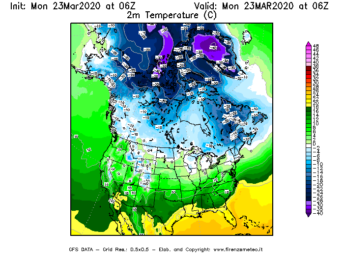 Mappa di analisi GFS - Temperatura a 2 metri dal suolo [°C] in Nord-America
							del 23/03/2020 06 <!--googleoff: index-->UTC<!--googleon: index-->
