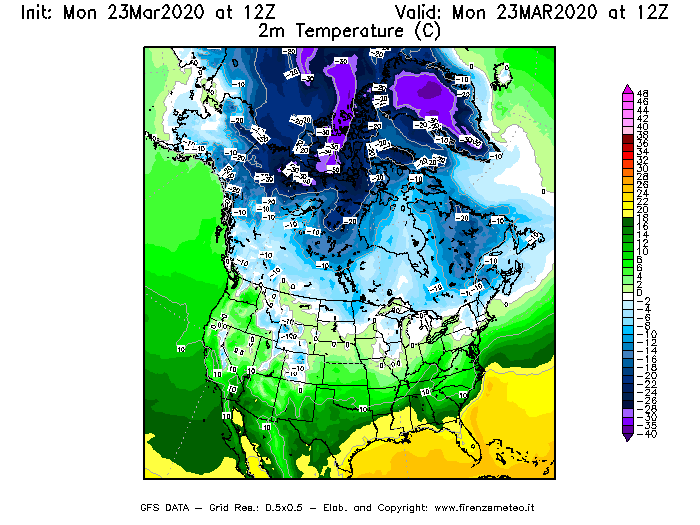 Mappa di analisi GFS - Temperatura a 2 metri dal suolo [°C] in Nord-America
							del 23/03/2020 12 <!--googleoff: index-->UTC<!--googleon: index-->