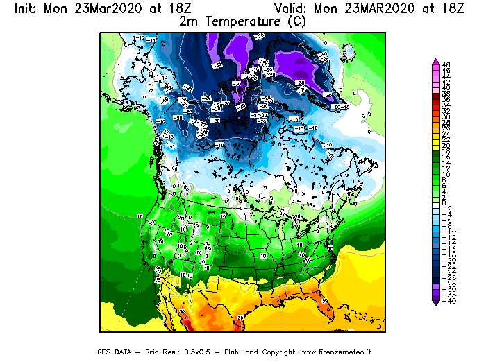 Mappa di analisi GFS - Temperatura a 2 metri dal suolo [°C] in Nord-America
							del 23/03/2020 18 <!--googleoff: index-->UTC<!--googleon: index-->