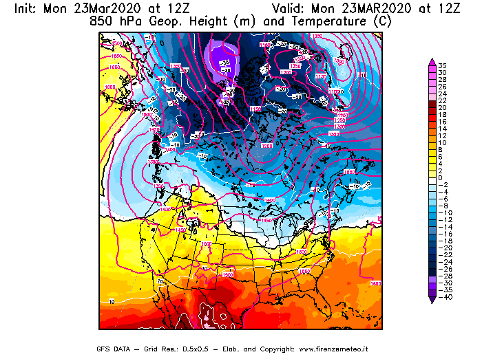 Mappa di analisi GFS - Geopotenziale [m] e Temperatura [°C] a 850 hPa in Nord-America
							del 23/03/2020 12 <!--googleoff: index-->UTC<!--googleon: index-->