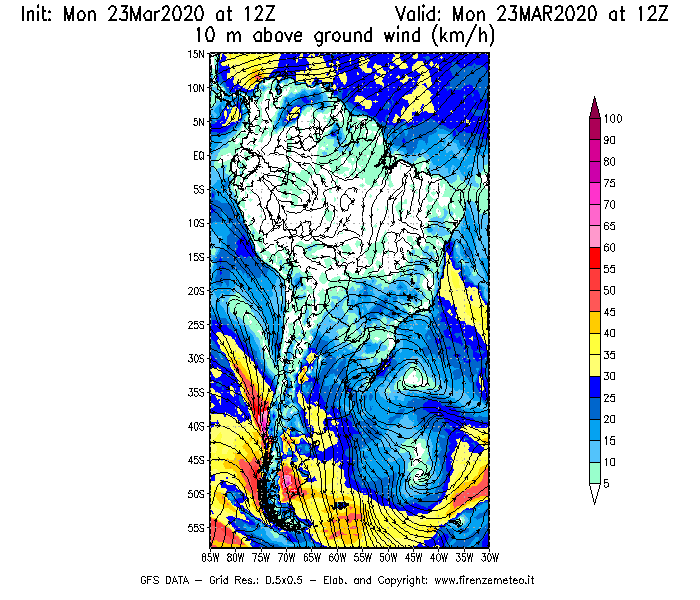 Mappa di analisi GFS - Velocità del vento a 10 metri dal suolo [km/h] in Sud-America
							del 23/03/2020 12 <!--googleoff: index-->UTC<!--googleon: index-->