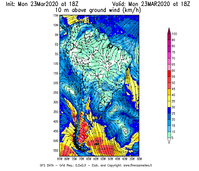 Mappa di analisi GFS - Velocità del vento a 10 metri dal suolo [km/h] in Sud-America
							del 23/03/2020 18 <!--googleoff: index-->UTC<!--googleon: index-->