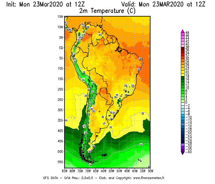 Mappa di analisi GFS - Temperatura a 2 metri dal suolo [°C] in Sud-America
							del 23/03/2020 12 <!--googleoff: index-->UTC<!--googleon: index-->
