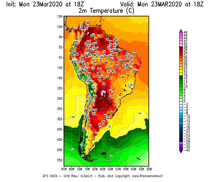 Mappa di analisi GFS - Temperatura a 2 metri dal suolo [°C] in Sud-America
							del 23/03/2020 18 <!--googleoff: index-->UTC<!--googleon: index-->