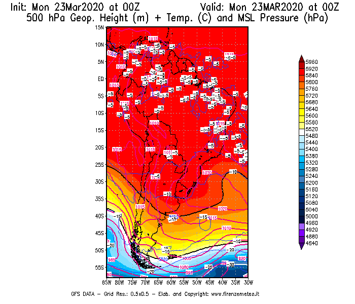 Mappa di analisi GFS - Geopotenziale [m] + Temp. [°C] a 500 hPa + Press. a livello del mare [hPa] in Sud-America
							del 23/03/2020 00 <!--googleoff: index-->UTC<!--googleon: index-->