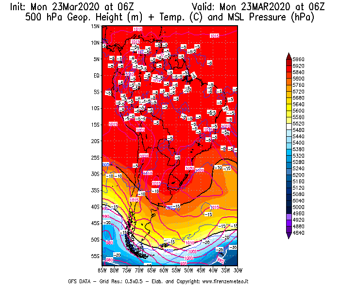Mappa di analisi GFS - Geopotenziale [m] + Temp. [°C] a 500 hPa + Press. a livello del mare [hPa] in Sud-America
							del 23/03/2020 06 <!--googleoff: index-->UTC<!--googleon: index-->