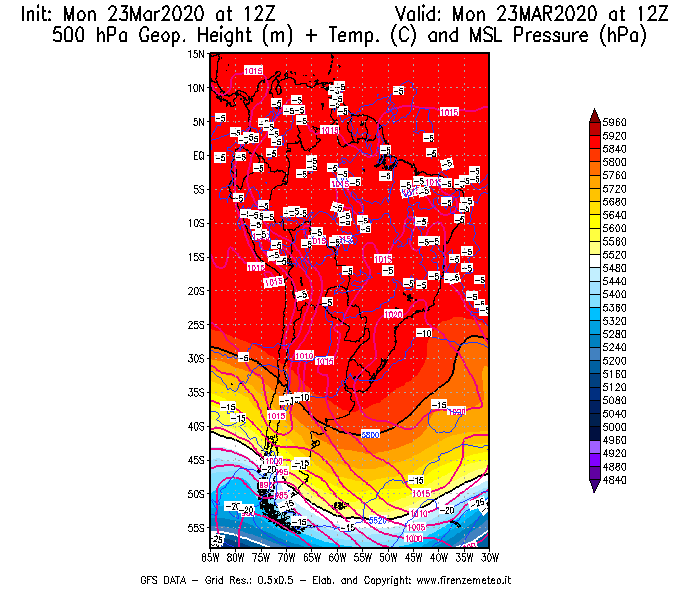 Mappa di analisi GFS - Geopotenziale [m] + Temp. [°C] a 500 hPa + Press. a livello del mare [hPa] in Sud-America
							del 23/03/2020 12 <!--googleoff: index-->UTC<!--googleon: index-->