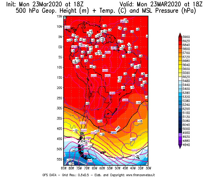 Mappa di analisi GFS - Geopotenziale [m] + Temp. [°C] a 500 hPa + Press. a livello del mare [hPa] in Sud-America
							del 23/03/2020 18 <!--googleoff: index-->UTC<!--googleon: index-->
