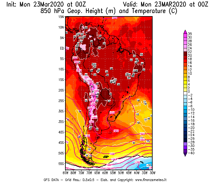 Mappa di analisi GFS - Geopotenziale [m] e Temperatura [°C] a 850 hPa in Sud-America
							del 23/03/2020 00 <!--googleoff: index-->UTC<!--googleon: index-->