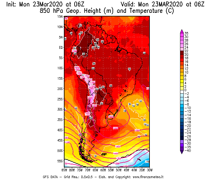 Mappa di analisi GFS - Geopotenziale [m] e Temperatura [°C] a 850 hPa in Sud-America
							del 23/03/2020 06 <!--googleoff: index-->UTC<!--googleon: index-->