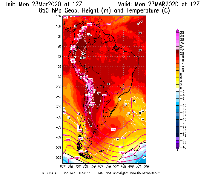 Mappa di analisi GFS - Geopotenziale [m] e Temperatura [°C] a 850 hPa in Sud-America
							del 23/03/2020 12 <!--googleoff: index-->UTC<!--googleon: index-->