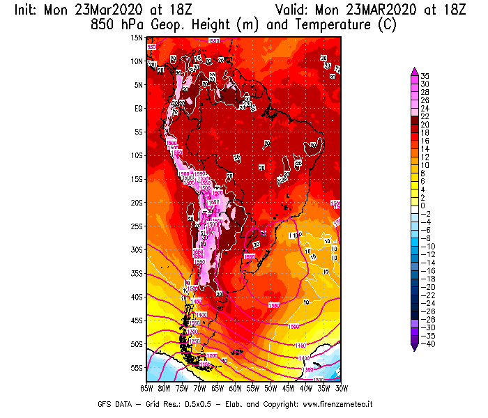 Mappa di analisi GFS - Geopotenziale [m] e Temperatura [°C] a 850 hPa in Sud-America
							del 23/03/2020 18 <!--googleoff: index-->UTC<!--googleon: index-->