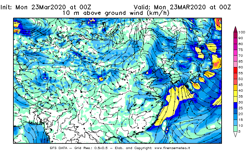 Mappa di analisi GFS - Velocità del vento a 10 metri dal suolo [km/h] in Asia Orientale
							del 23/03/2020 00 <!--googleoff: index-->UTC<!--googleon: index-->