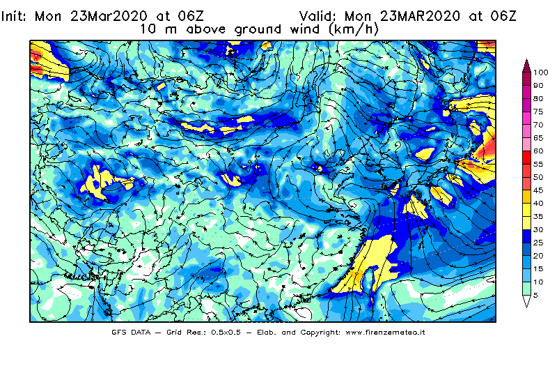 Mappa di analisi GFS - Velocità del vento a 10 metri dal suolo [km/h] in Asia Orientale
							del 23/03/2020 06 <!--googleoff: index-->UTC<!--googleon: index-->