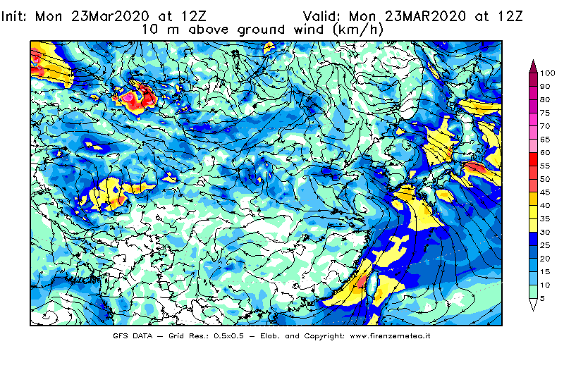 Mappa di analisi GFS - Velocità del vento a 10 metri dal suolo [km/h] in Asia Orientale
							del 23/03/2020 12 <!--googleoff: index-->UTC<!--googleon: index-->