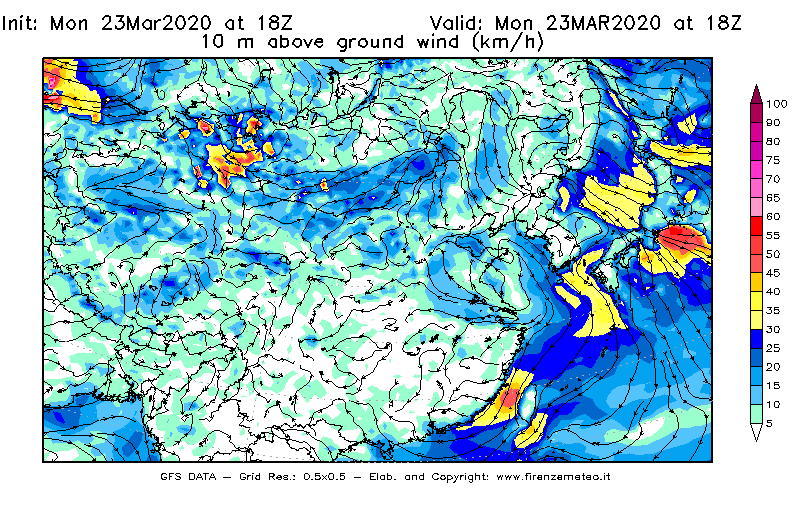 Mappa di analisi GFS - Velocità del vento a 10 metri dal suolo [km/h] in Asia Orientale
							del 23/03/2020 18 <!--googleoff: index-->UTC<!--googleon: index-->