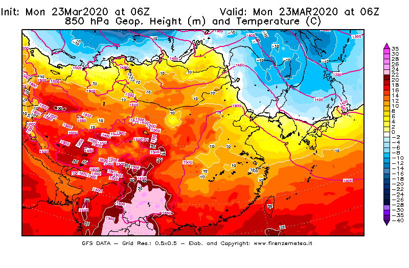 Mappa di analisi GFS - Geopotenziale [m] e Temperatura [°C] a 850 hPa in Asia Orientale
							del 23/03/2020 06 <!--googleoff: index-->UTC<!--googleon: index-->