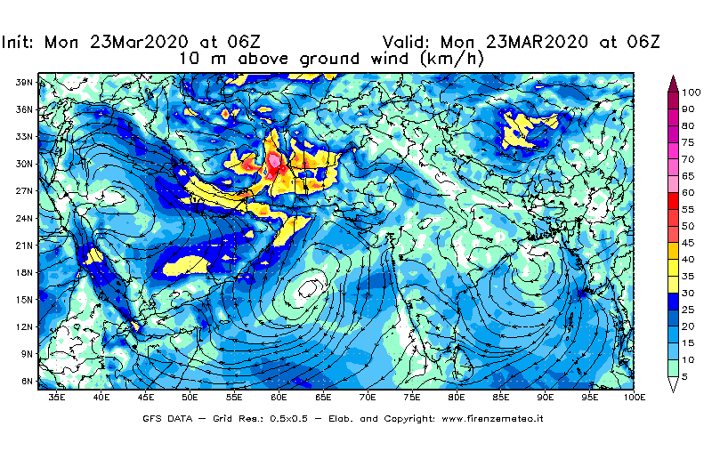 Mappa di analisi GFS - Velocità del vento a 10 metri dal suolo [km/h] in Asia Sud-Occidentale
							del 23/03/2020 06 <!--googleoff: index-->UTC<!--googleon: index-->
