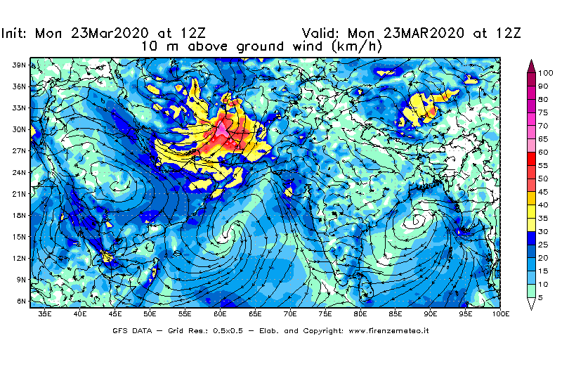 Mappa di analisi GFS - Velocità del vento a 10 metri dal suolo [km/h] in Asia Sud-Occidentale
							del 23/03/2020 12 <!--googleoff: index-->UTC<!--googleon: index-->