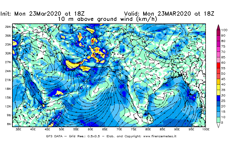 Mappa di analisi GFS - Velocità del vento a 10 metri dal suolo [km/h] in Asia Sud-Occidentale
							del 23/03/2020 18 <!--googleoff: index-->UTC<!--googleon: index-->