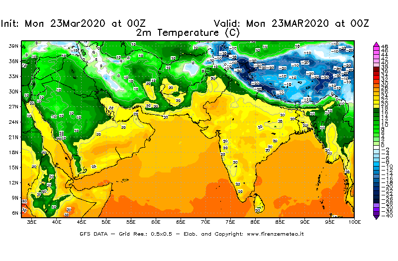 Mappa di analisi GFS - Temperatura a 2 metri dal suolo [°C] in Asia Sud-Occidentale
							del 23/03/2020 00 <!--googleoff: index-->UTC<!--googleon: index-->