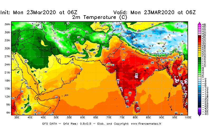 Mappa di analisi GFS - Temperatura a 2 metri dal suolo [°C] in Asia Sud-Occidentale
							del 23/03/2020 06 <!--googleoff: index-->UTC<!--googleon: index-->