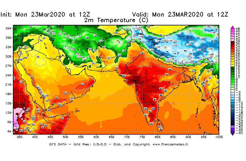 Mappa di analisi GFS - Temperatura a 2 metri dal suolo [°C] in Asia Sud-Occidentale
							del 23/03/2020 12 <!--googleoff: index-->UTC<!--googleon: index-->