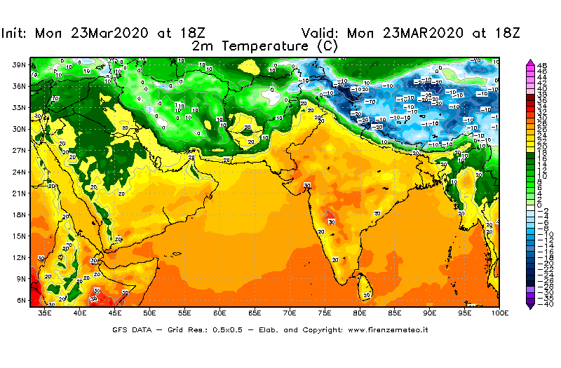 Mappa di analisi GFS - Temperatura a 2 metri dal suolo [°C] in Asia Sud-Occidentale
							del 23/03/2020 18 <!--googleoff: index-->UTC<!--googleon: index-->