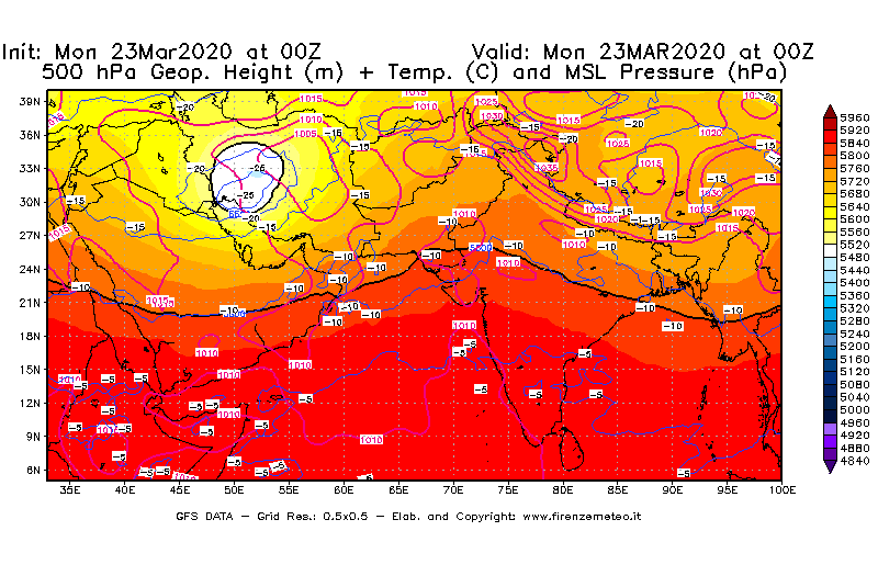 Mappa di analisi GFS - Geopotenziale [m] + Temp. [°C] a 500 hPa + Press. a livello del mare [hPa] in Asia Sud-Occidentale
							del 23/03/2020 00 <!--googleoff: index-->UTC<!--googleon: index-->