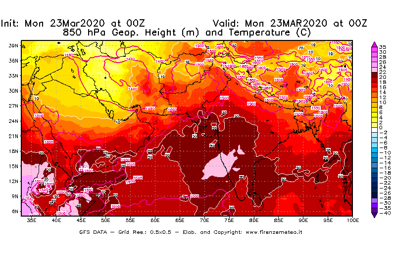 Mappa di analisi GFS - Geopotenziale [m] e Temperatura [°C] a 850 hPa in Asia Sud-Occidentale
							del 23/03/2020 00 <!--googleoff: index-->UTC<!--googleon: index-->