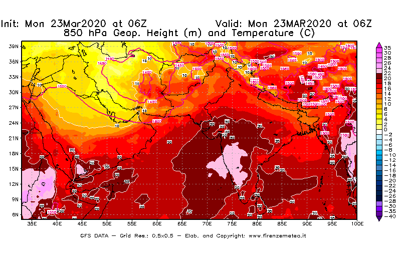 Mappa di analisi GFS - Geopotenziale [m] e Temperatura [°C] a 850 hPa in Asia Sud-Occidentale
							del 23/03/2020 06 <!--googleoff: index-->UTC<!--googleon: index-->