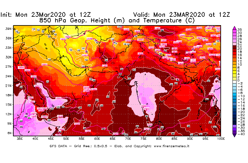 Mappa di analisi GFS - Geopotenziale [m] e Temperatura [°C] a 850 hPa in Asia Sud-Occidentale
							del 23/03/2020 12 <!--googleoff: index-->UTC<!--googleon: index-->