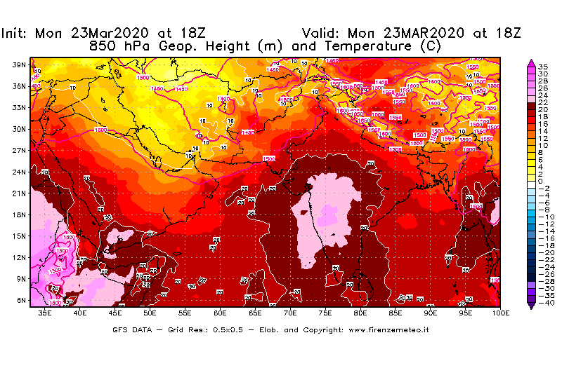 Mappa di analisi GFS - Geopotenziale [m] e Temperatura [°C] a 850 hPa in Asia Sud-Occidentale
							del 23/03/2020 18 <!--googleoff: index-->UTC<!--googleon: index-->