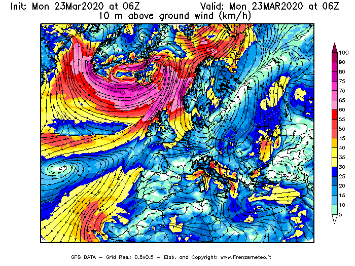 Mappa di analisi GFS - Velocità del vento a 10 metri dal suolo [km/h] in Europa
							del 23/03/2020 06 <!--googleoff: index-->UTC<!--googleon: index-->