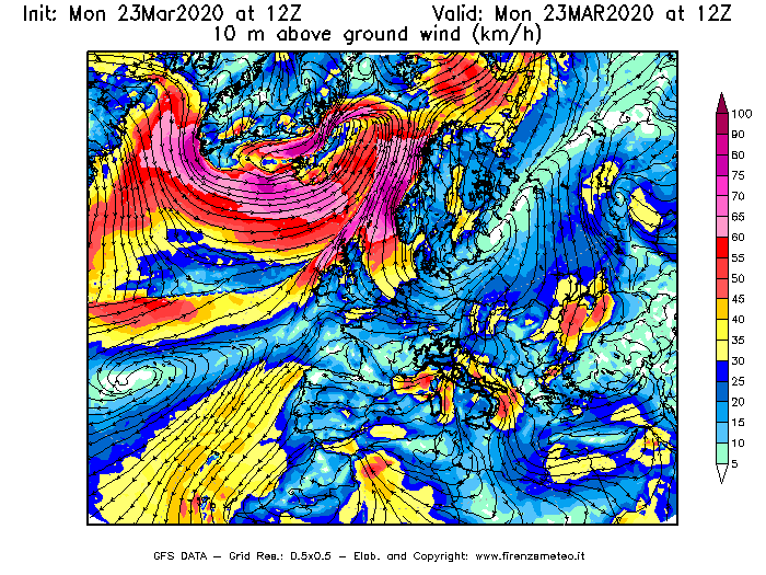 Mappa di analisi GFS - Velocità del vento a 10 metri dal suolo [km/h] in Europa
							del 23/03/2020 12 <!--googleoff: index-->UTC<!--googleon: index-->