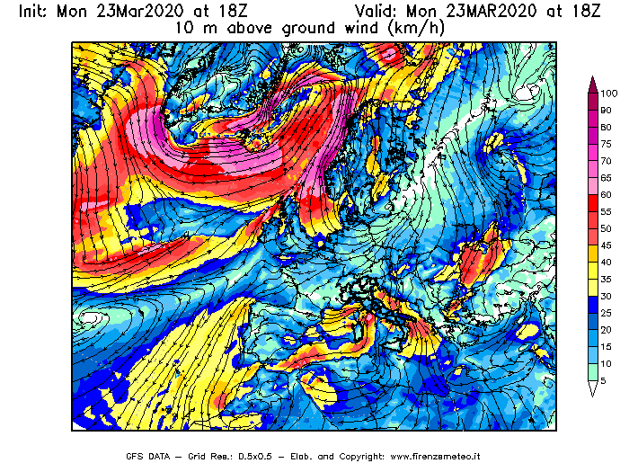Mappa di analisi GFS - Velocità del vento a 10 metri dal suolo [km/h] in Europa
							del 23/03/2020 18 <!--googleoff: index-->UTC<!--googleon: index-->